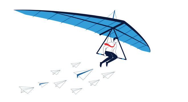 Determined businessman flying a blue hang glider through a group of small white paper planes in the sky.