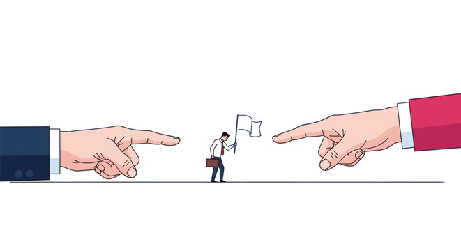 Sad businessman holding a white flag of surrender while standing between two giant pointing fingers in a suit.