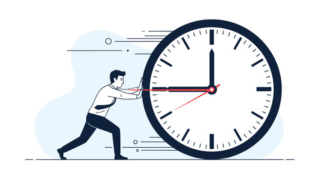 Determined businessman pushing a giant clock to stop time or meet a tight deadline in a professional work environment.