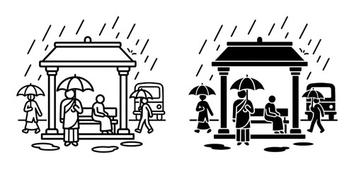 Fototapeta premium Black and white vector illustration, rainy city scene, bus stop icons, umbrella people
