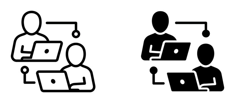Business partnership, teamwork icons, collaboration symbols, black and white vector graphics