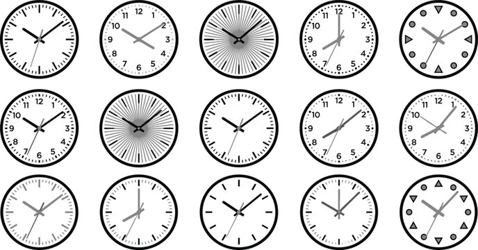 Collection of analog clocks with varying face designs and time settings on a white background clock wall timepiece hour hand minute radial