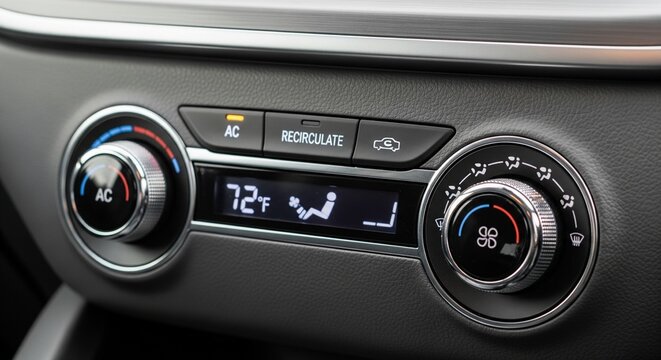 A modern car climate control panel showing a digital temperature display of 72&deg;F and dial knobs
