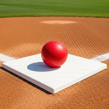 A large red utility ball sits on home plate awaiting the next play on a grassy recreational diamond. The infield dirt is visible under sunlight, physical, weekend, healthy