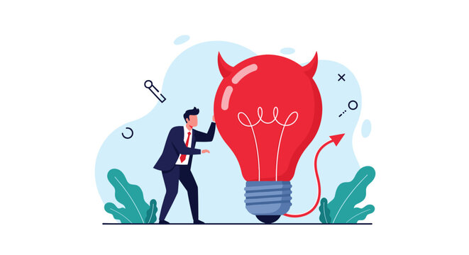 Worried businessman trying to push or stop a giant red light bulb with devil horns and a tail representing a dangerous or unethical idea.