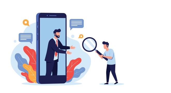 Recruitment professional examining a potential candidate through a magnifying glass while the applicant is on a screen.