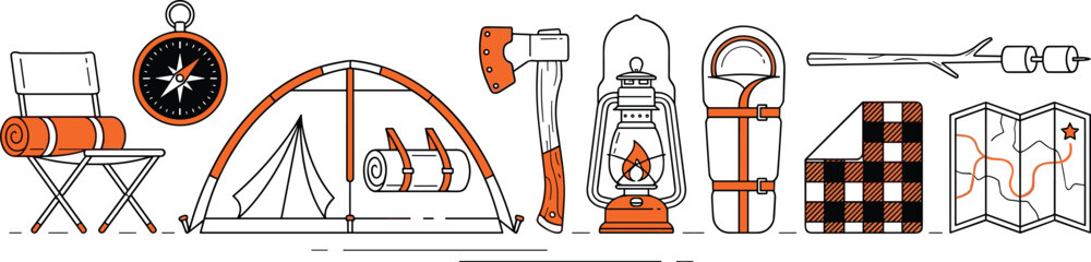 Vector illustration of camping gear including tent, lantern, chair, and tools representing outdoor, adventure, and lifestyle themes © Sheikh