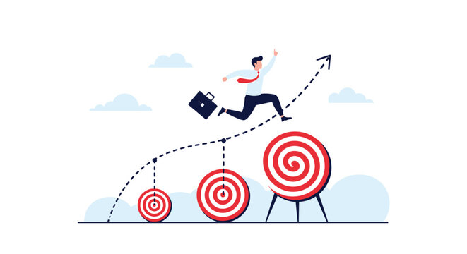 Determined businessman running along a dotted path over multiple targets representing milestones toward a final goal.