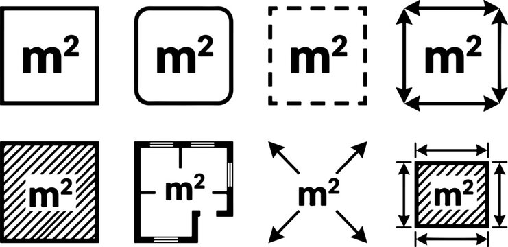 Set of Square Meter Symbol Icons Featuring Floor Plan, Area Measurement, Dimensional Arrow, and Hatched Layout Designs for Architecture, Vector