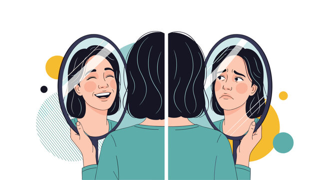 Woman looking into two mirrors seeing one smiling reflection and one sad reflection representing a mood disorder issue.