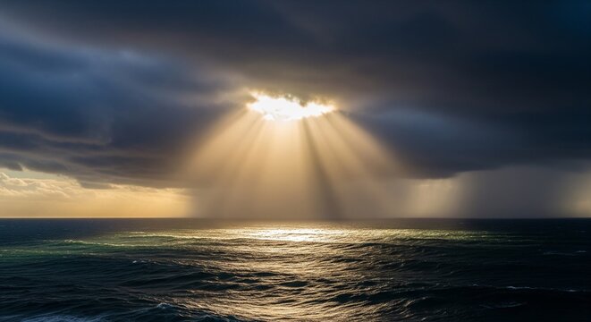Dark stormy seascape with a single bright hole in the heavy clouds, casting a strong spotlight of sunbeams onto the surface of the ocean