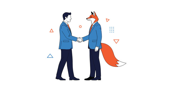 Honest businessman shaking hands with a man wearing a fox mask and having a tail representing deception and betrayal.