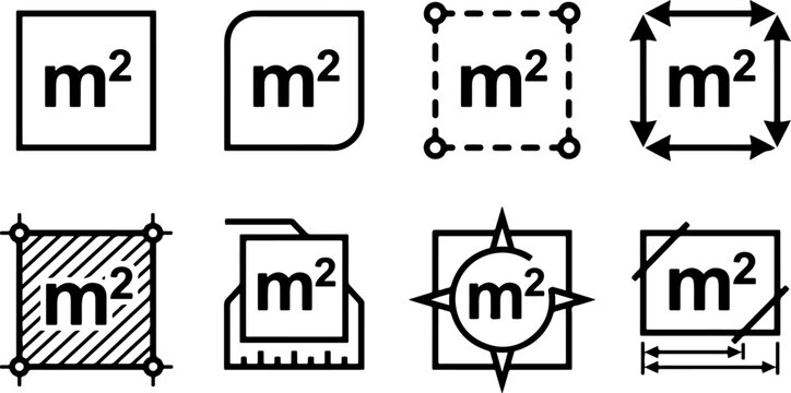 Set of Square Meter Symbol Icons Featuring Measurement Tools, Geometric Area Layout, Dimensional Arrows, and Blueprint Corner Designs for Architecture, Vector