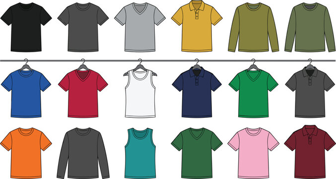 Blank T Shirt and Apparel Vector Set with Crew Neck Tops, V Neck Shirts, Polo Collars, and Tank Tops on Hangers for Fashion Branding Mockup Designs