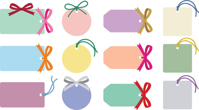 Blank Pastel Gift Tag and Price Label Vector Set with Colorful Ribbon Bows and Strings for Retail Shopping and Festive Holiday Gift Packaging
