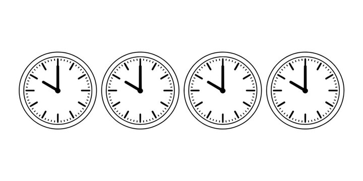 Clocks analog set with black hands and numbers on white faces featuring time, four, timekeeping with vintage and classic elements for minimalist,