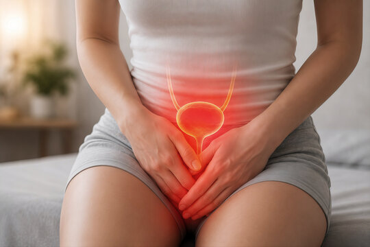 Woman suffering from bladder pain with highlighted urinary system and urinary tract infection concept