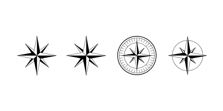 Compass star badge icons set with tactical crosshair points, circular etching, and minimalist line style for navigation