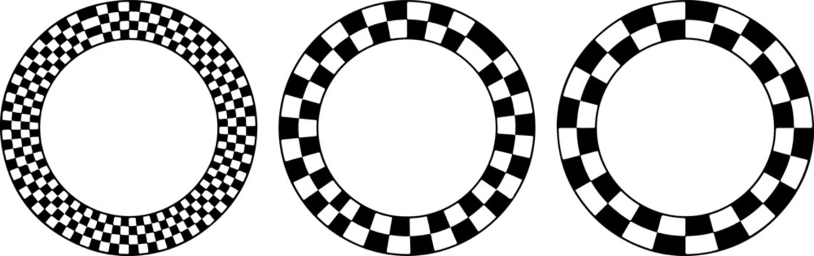 Set of Circular Checkered Frame Borders, Featuring Racing Flag Texture, Monochrome Mandala Layout, and Round Geometric Circles for Motorsport Design, Vector