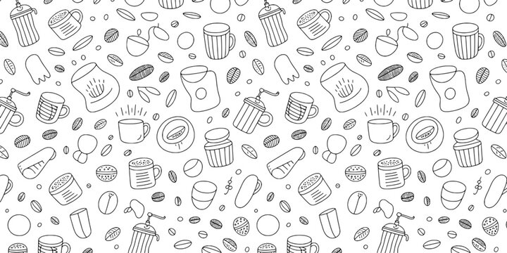 Cup and coffee pot pattern with hand drawn doodle icons, repeating seamless background for caf&eacute; branding
