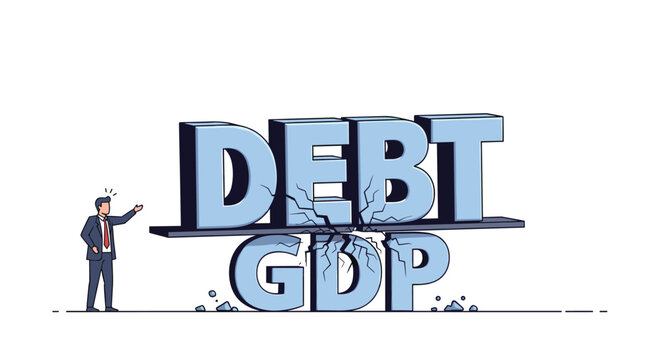 Small businessman looking worried next to giant letters spelling debt and gdp on a balance beam, symbolizing economic instability.