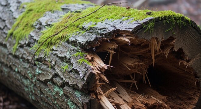 A large fallen mossy log in the forest, showing a hollow center and sharp, splintered broken wood details