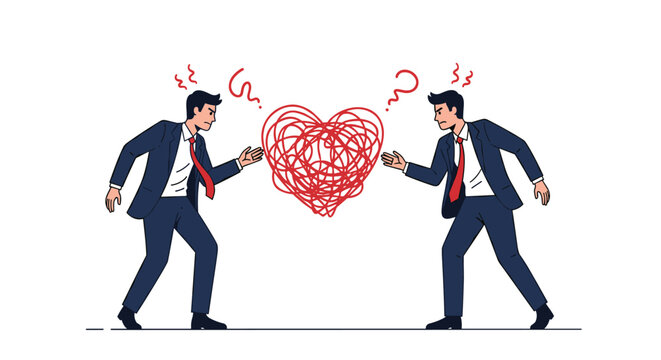 Two businessmen facing each other with angry expressions and a large tangled red heart shape between them, symbolizing a conflict.