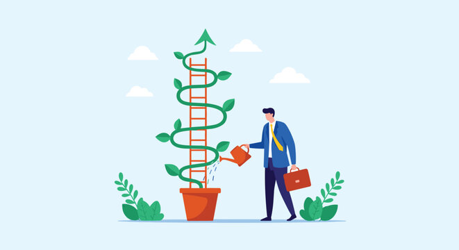 Dedicated businessman waters a growing beanstalk that spirals around a wooden ladder to signify gradual career development.