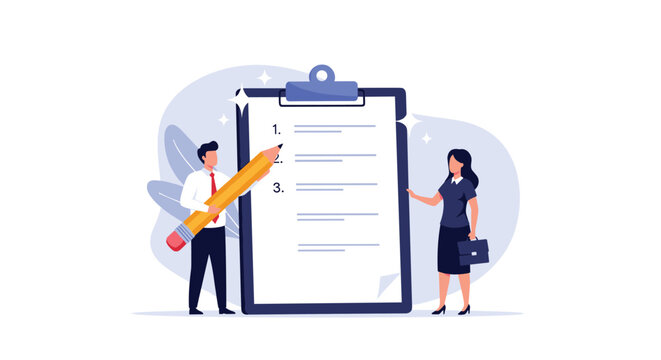Professional man and woman standing next to a giant clipboard checklist to manage tasks and ensure successful project completion.
