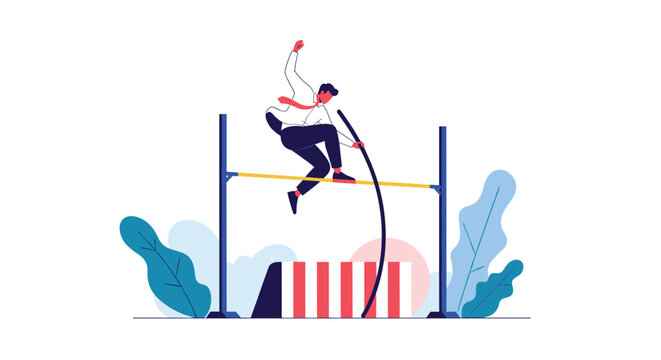 Athletic businessman in a white shirt and tie performs a high pole vault over a bar symbolizing overcoming big obstacles at work.