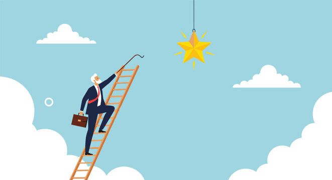 Elderly businessman climbs a wooden ladder in the sky to reach for a glowing golden star representing lifelong goals and dreams.