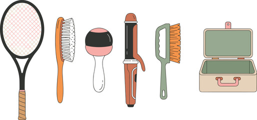 Vector illustration of tennis racket, grooming tools, and suitcase representing lifestyle, travel, and personal themes © Sheikh