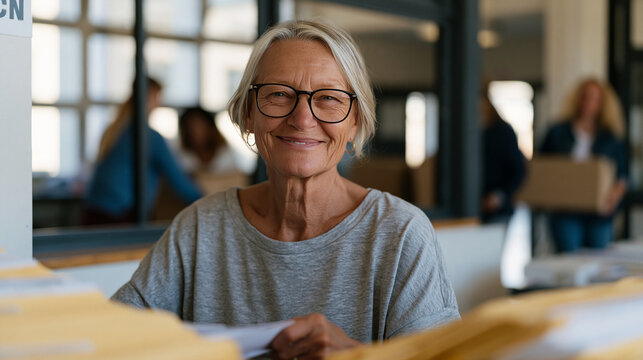Retired teacher returning to elementary school office as an administrative volunteer during back to school week, sorting cumulative academic files by grade level while newer staff members move boxes