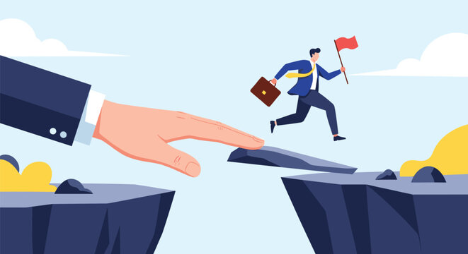 Giant hand acts as a bridge for a running businessman with a flag to cross a deep chasm between two mountains toward success.