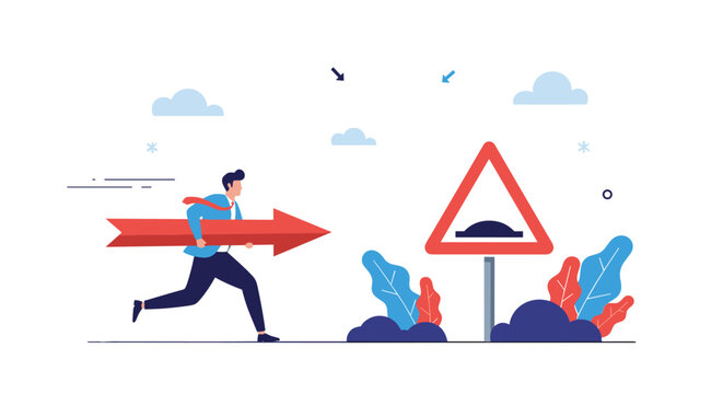 Motivated businessman runs fast carrying a large red arrow toward a road bump sign representing obstacles on the path to success.
