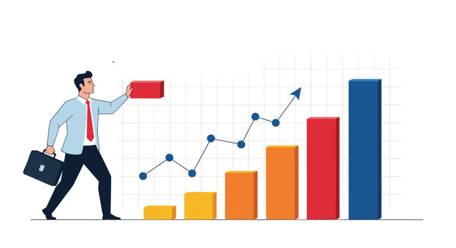 Confident businessman builds a successful future by adding a red block to a rising bar chart with a growing line graph behind it.
