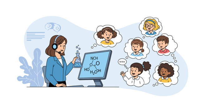 Female teacher in a headset conducts a virtual chemistry lesson with a beaker and molecular formula while students watch online.