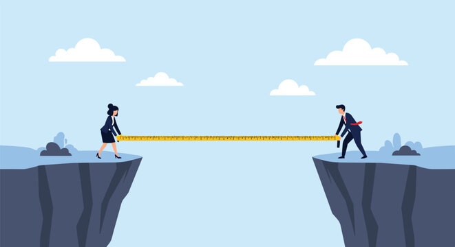 Two professional business colleagues use a long yellow measuring tape to assess the wide gap between two tall dark gray cliffs.