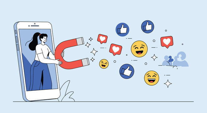 Woman on a smartphone screen uses a large red horseshoe magnet to attract likes hearts and happy emojis from a social media crowd.
