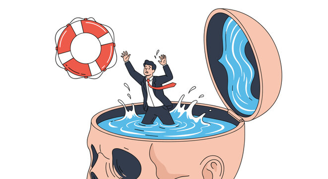 Inside a giant open head silhouette a businessman struggles to swim in water while a red and white lifebuoy is thrown to help.