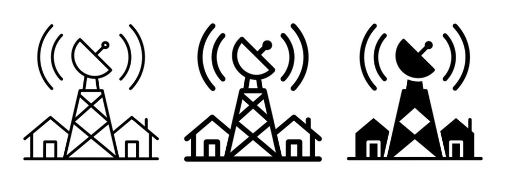 Cell tower, communication tower, signal icons, 3 black line icons, wireless signal