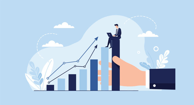 Giant hand supports a blue bar graph while a businessman sits on the highest column and works on his laptop, representing company support.