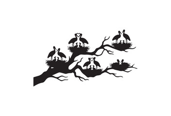 Fototapeta premium Birds on tree branch, black silhouette, vector illustration, nature icons, wildlife symbols