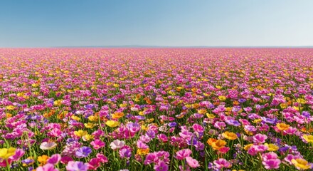 Fototapeta premium A massive, colorful expanse of wild blossoms stretching toward the horizon under a clear blue sky, capturing the essence of spring and summer growth, field, flower, blossom