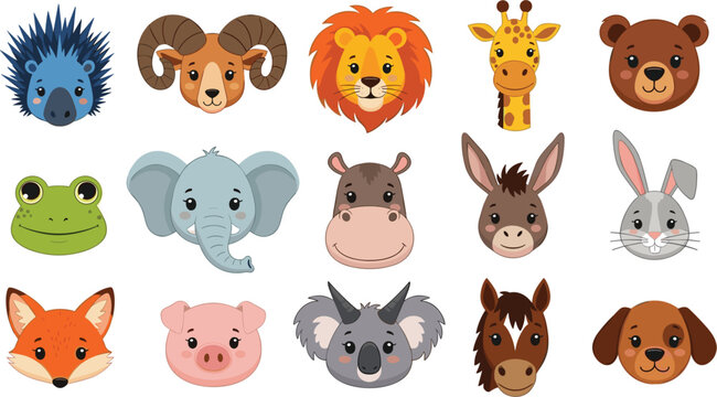 Cute Animal Faces Avatar Vector Set Featuring Cartoon Porcupine Ram Lion Giraffe Bear Frog Elephant Hippo Donkey Rabbit Fox Pig Koala Horse and Dog Icons