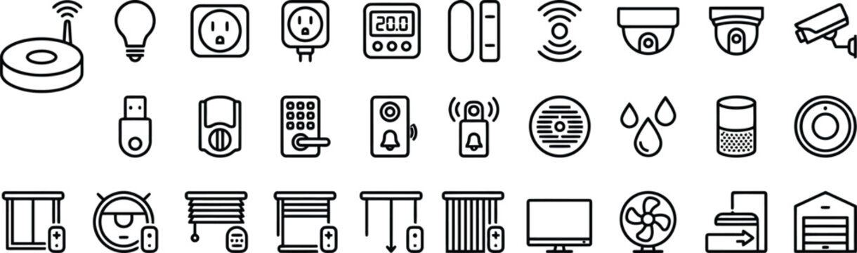 Smart home automation icon set featuring line art technology symbols for security camera intelligent plug robot vacuum smart lock thermostat and iot device interface vector