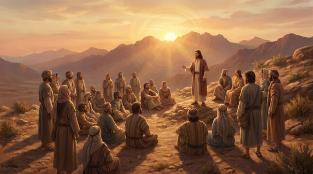 Jesus delivering a powerful message to a large crowd during a stunning sunset backdrop