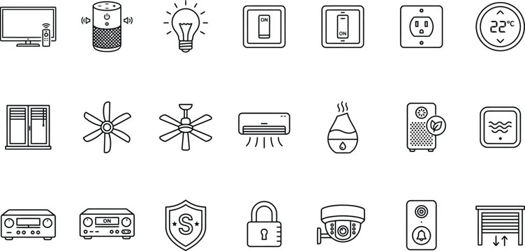 Smart home automation icon set featuring line art technology symbols for security camera intelligent plug robot vacuum smart lock thermostat and iot device interface vector