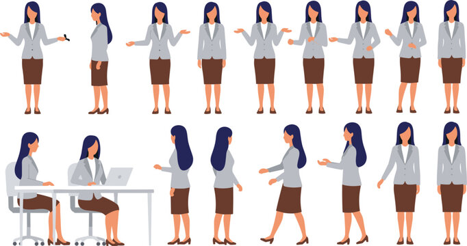 Professional Business Woman Character Animation Rig Set with Front Side Back Views Sitting at Desk Walking and Gesturing for Corporate Office Explainer Videos