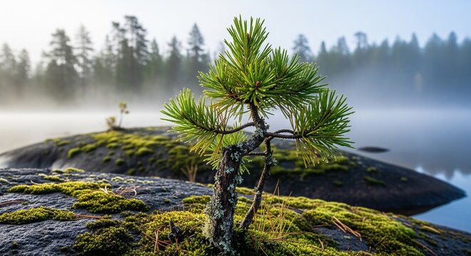 A small pine bonsai-like tree growing out of a mossy rock in the middle of a foggy lake during sunrise
